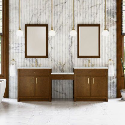 James Martin Vanities Bellshire 96" Honey Oak Dual Vanity Set With 3 cm Ethereal Noctis Silestone Top and 24" Make-Up Counter