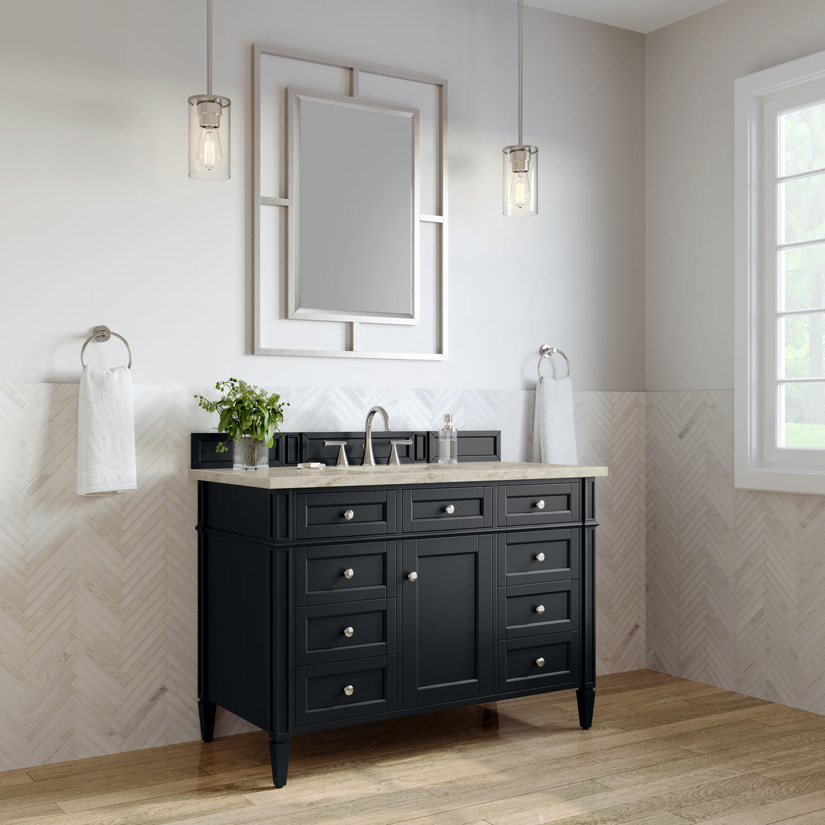 James Martin Vanities Brittany 48" Black Onyx Single Vanity With 3 CM Tajnar Eclos Top and FreePower Wireless Charger