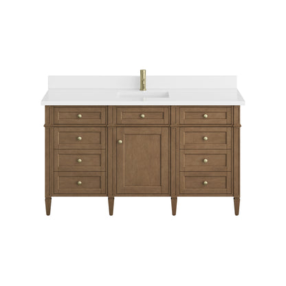 James Martin Vanities Brittany 60" Pecan Single Vanity With Single Hole 3 CM White Zeus Silestone Top and Matching Backsplash
