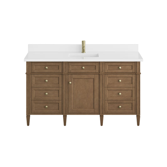 James Martin Vanities Brittany 60" Pecan Single Vanity With Single Hole 3 CM White Zeus Silestone Top and Matching Backsplash