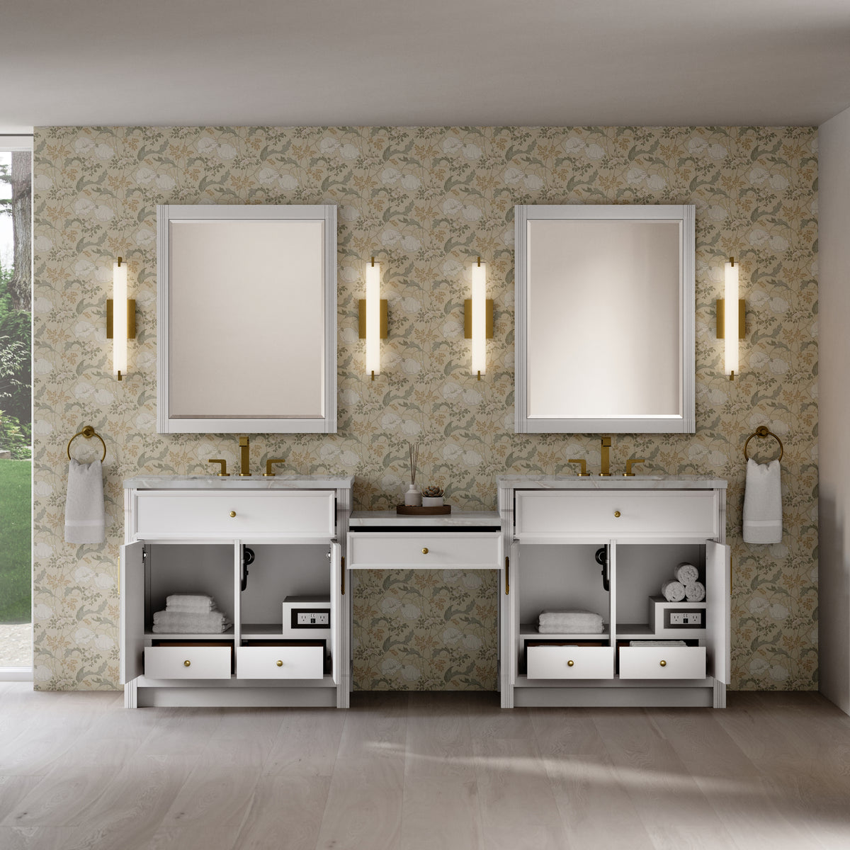 James Martin Vanities Bellshire 96" Bright White Dual Vanity Set With 3 cm Victorian Silver Silestone Top and 24" Make-Up Counter