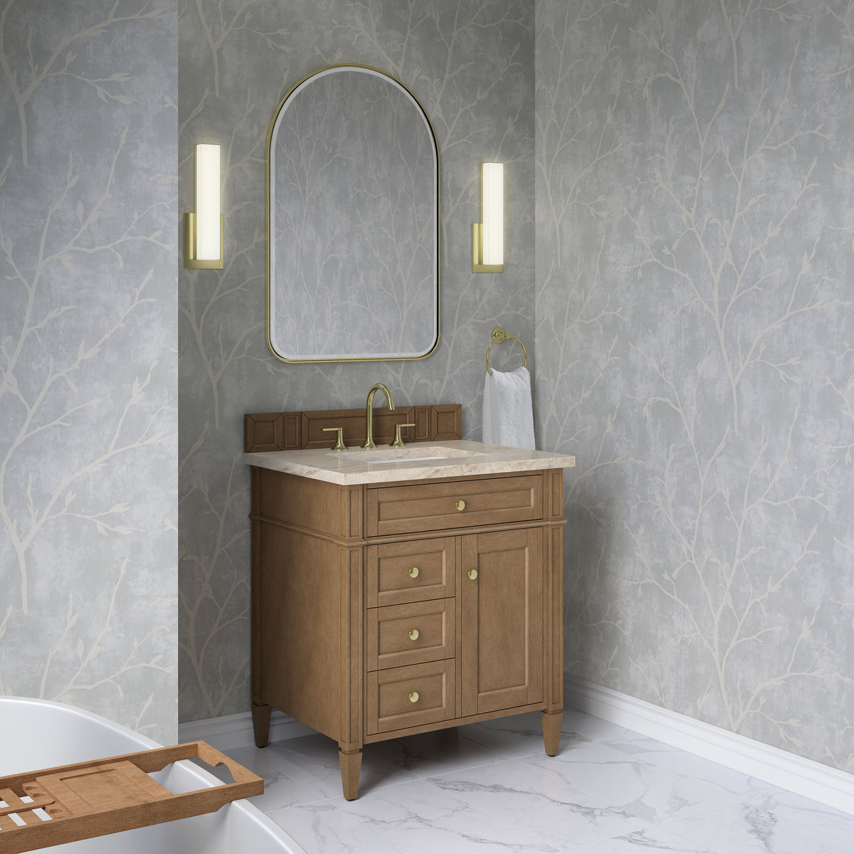 James Martin Vanities Brittany 30" Pecan Single Vanity With 3 CM Tajnar Eclos Top