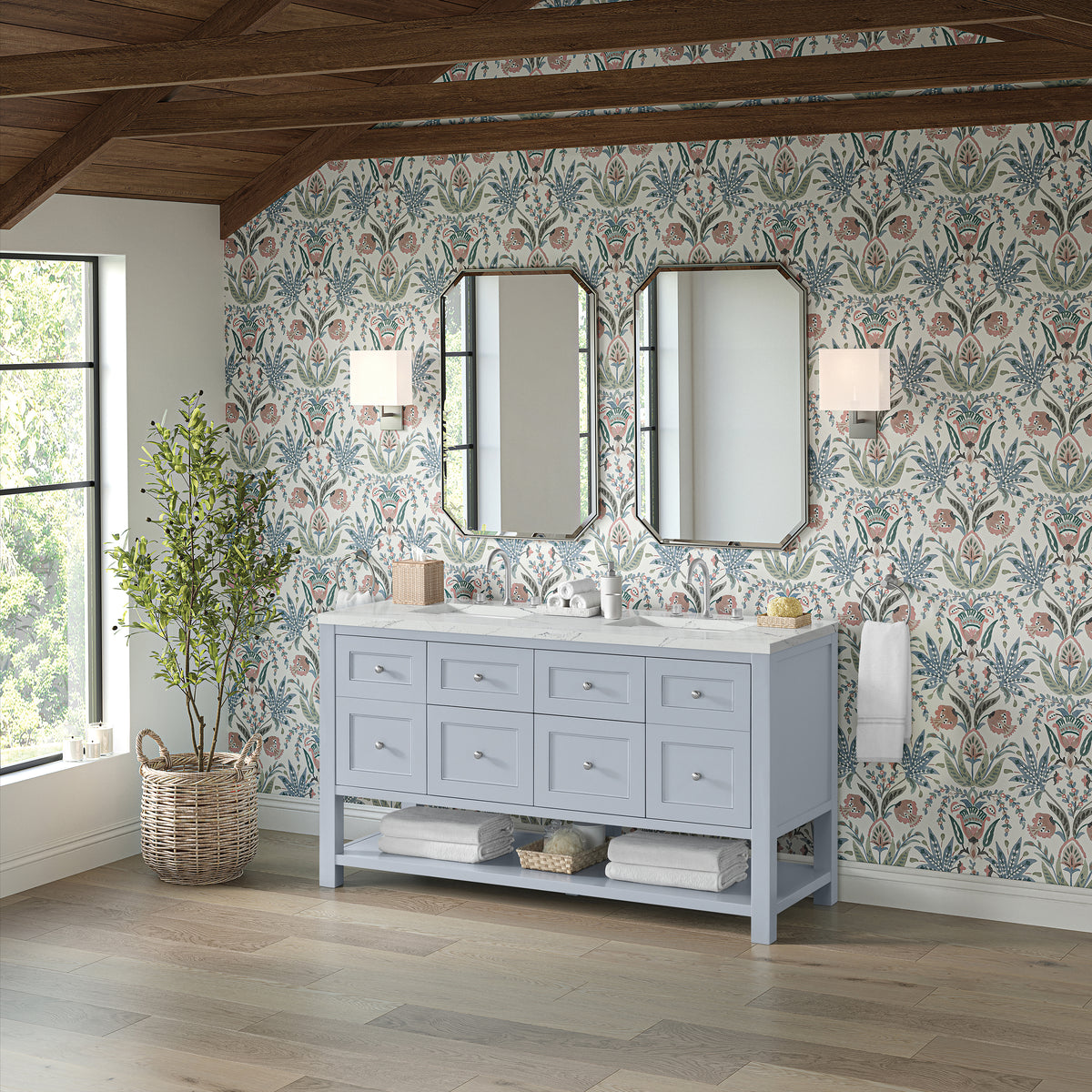 James Martin Vanities Breckenridge 60" Serenity Blue Double Vanity With 3cm Ethereal Noctis Quartz Top and FreePower Wireless Charger