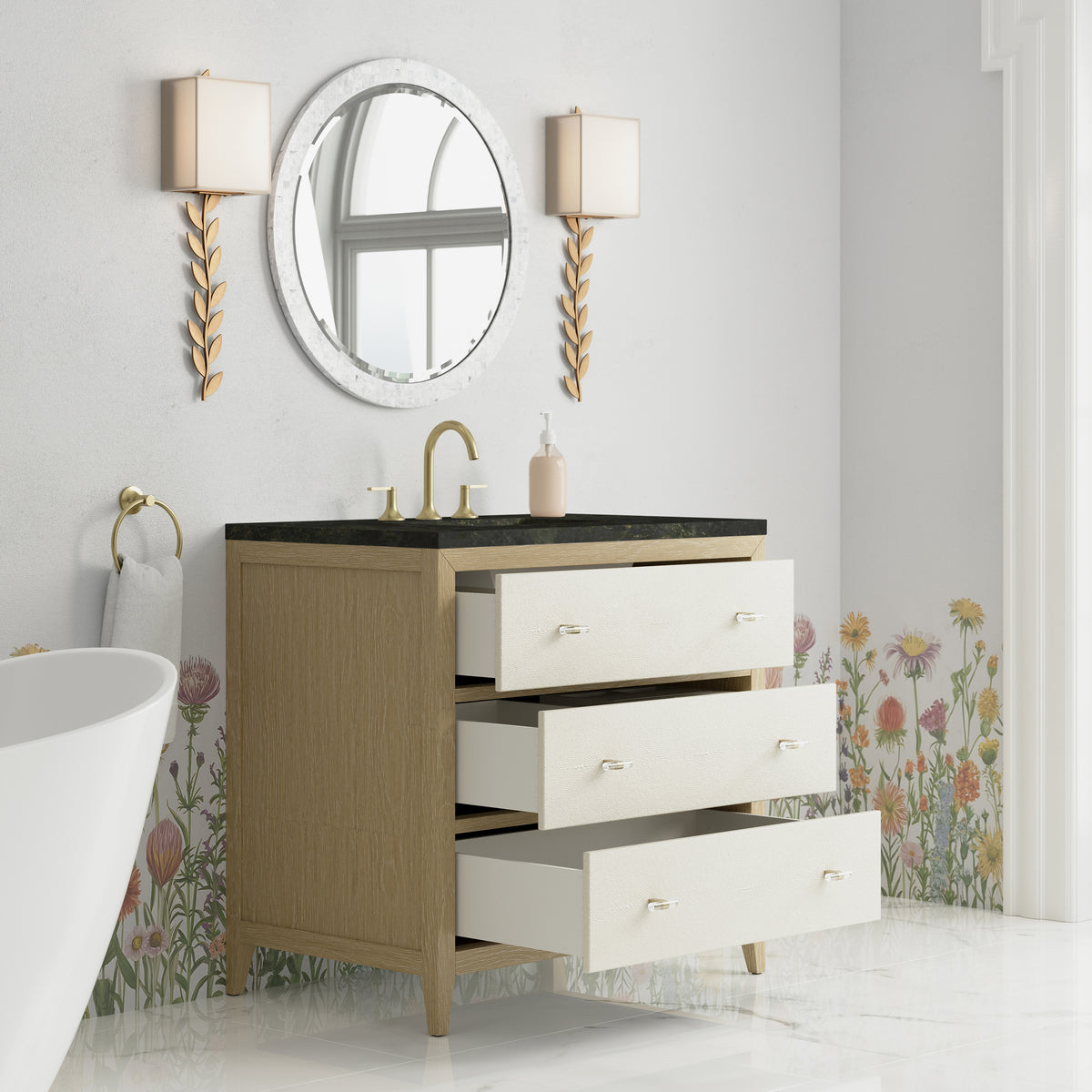 James Martin Vanities Celeste 36" Sunwashed Oak with Embossed Shagreen Single Vanity With 3 CM Phantome Eclos Top