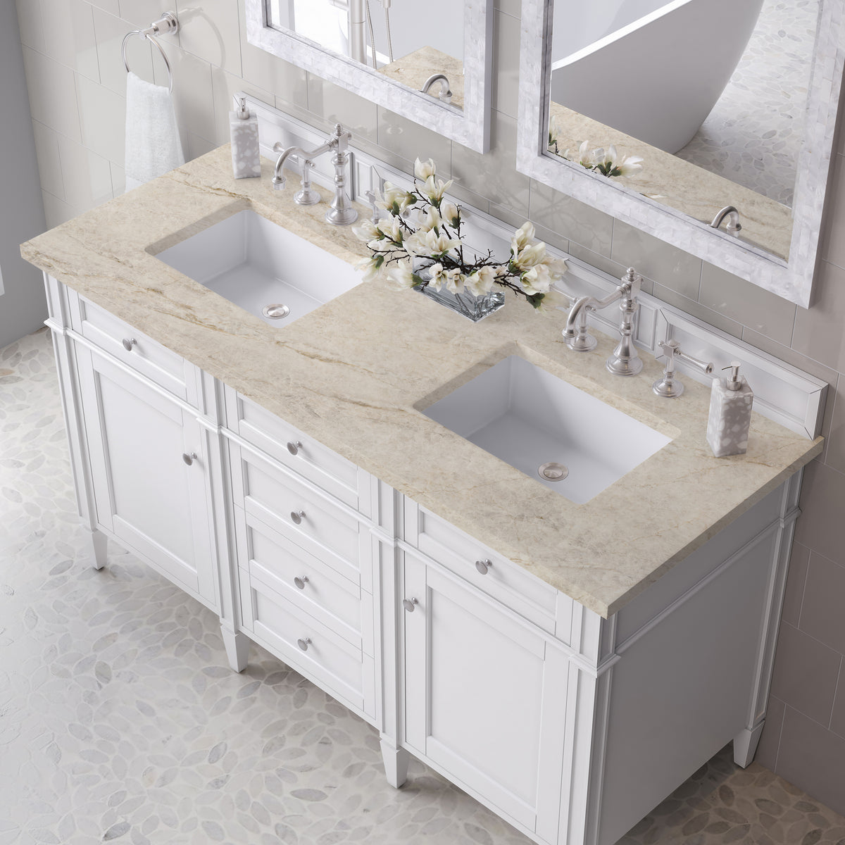 James Martin Vanities Brittany 60" Bright White Double Vanity With 3 CM Tajnar Eclos Top