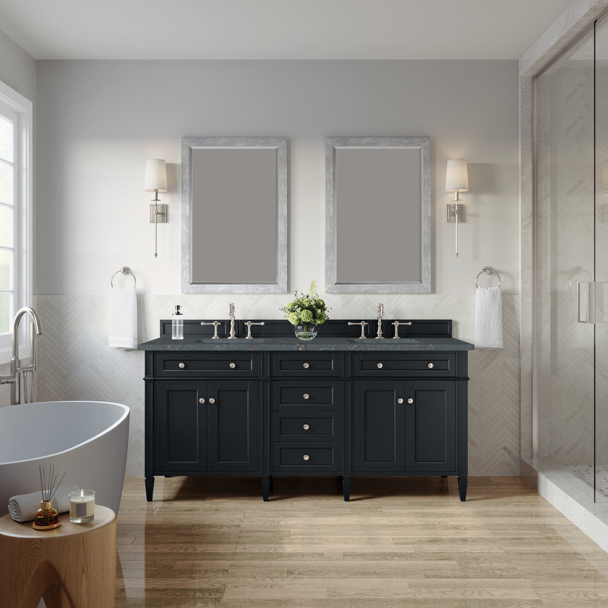 James Martin Vanities Brittany 72" Black Onyx Double Vanity With 3 CM Parisien Bleu Silestone Top and FreePower Wireless Charger