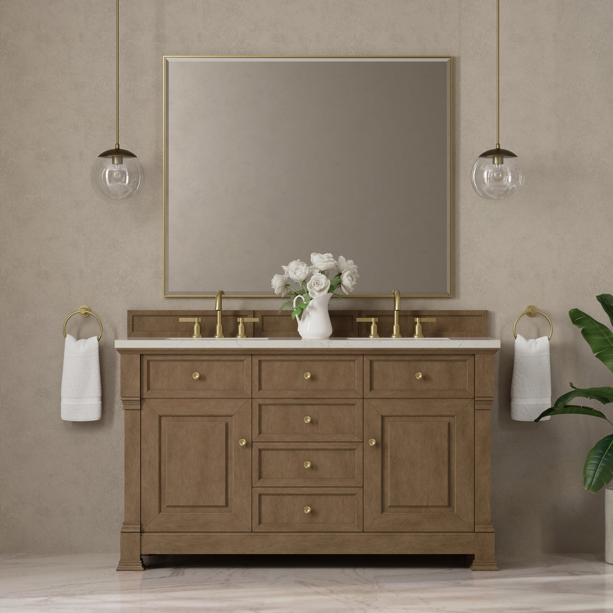 James Martin Vanities Brookfield 60" Pecan Double Vanity With 3 CM Siberian Silestone Top