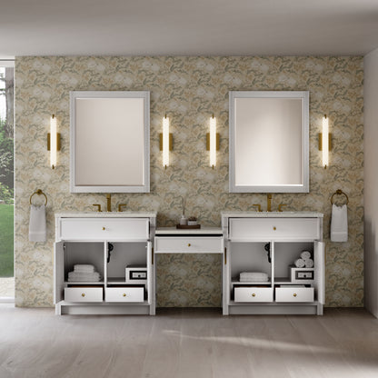James Martin Vanities Bellshire 96" Bright White Dual Vanity Set With 3 cm Siberian Silestone Top and 24" Make-Up Counter