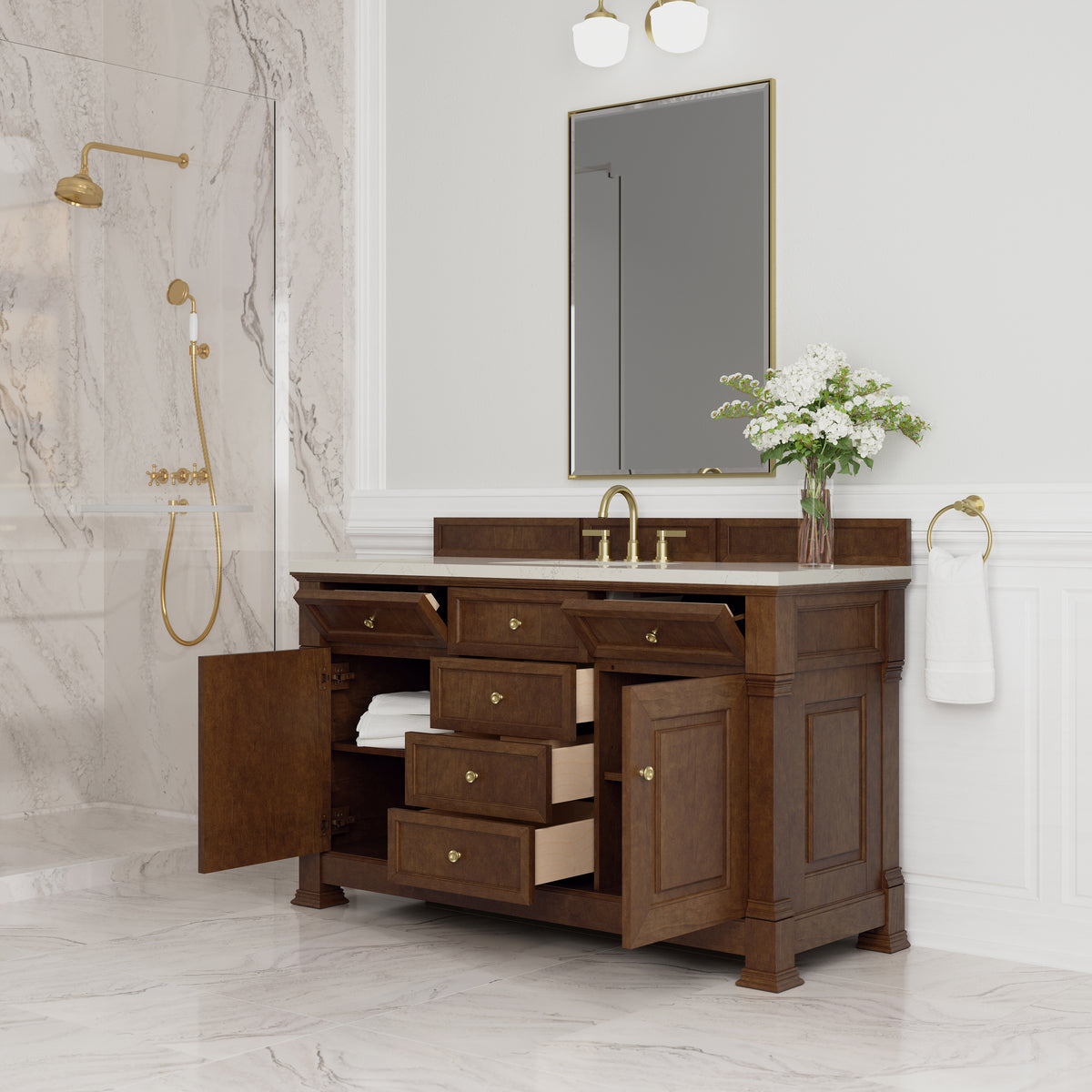James Martin Vanities Brookfield 60" Honey Oak Single Vanity With 3 CM Siberian Silestone Top and FreePower Wireless Charger