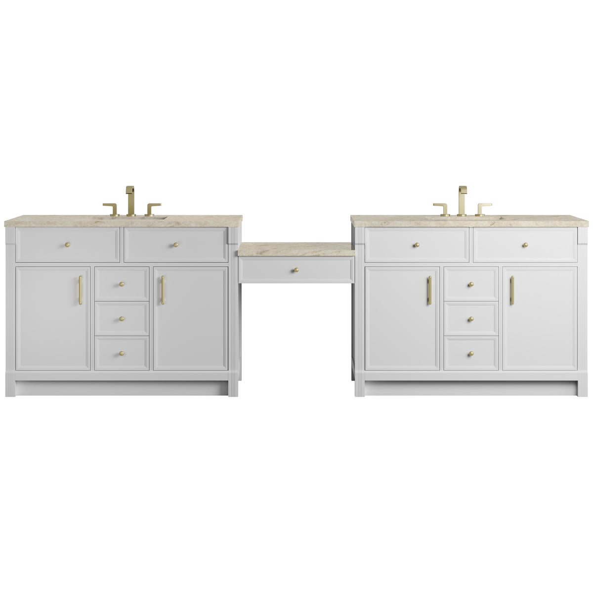 James Martin Vanities Bellshire 120" Bright White Dual Vanity Set With 3 cm Tajnar Eclos Top and 24" Make-Up Counter