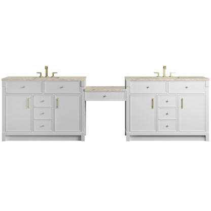 James Martin Vanities Bellshire 120" Bright White Dual Vanity Set With 3 cm Tajnar Eclos Top and 24" Make-Up Counter