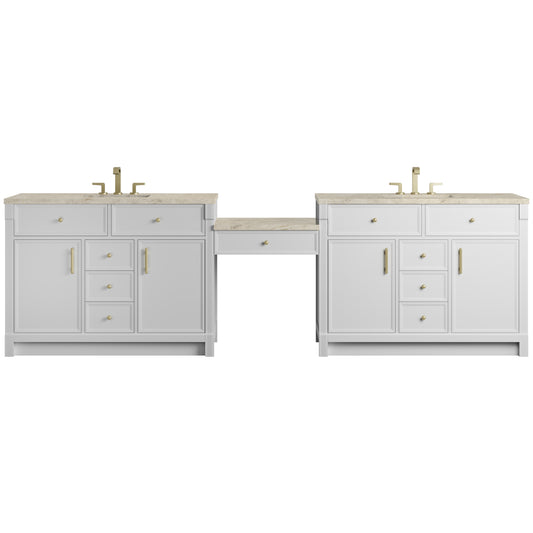 James Martin Vanities Bellshire 120" Bright White Dual Vanity Set With 3 cm Tajnar Eclos Top and 24" Make-Up Counter