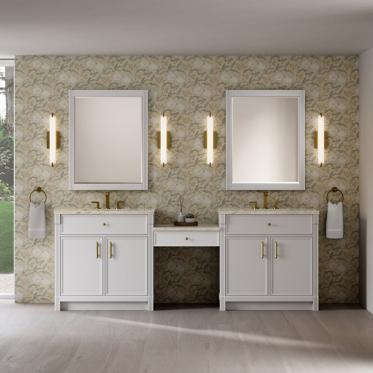James Martin Vanities Bellshire 96" Bright White Dual Vanity Set With 3 cm Tajnar Eclos Top and 24" Make-Up Counter