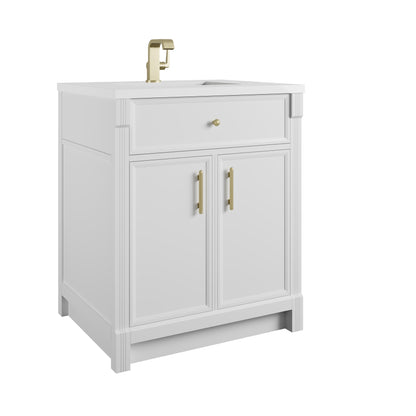 James Martin Vanities Bellshire 30" Bright White Single Vanity With Single Hole 3 CM White Zeus Silestone Top and Matching Backsplash