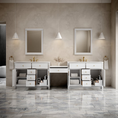 James Martin Vanities Bellshire 120" Bright White Dual Vanity Set With 3 cm White Zeus Silestone Top and 24" Make-Up Counter