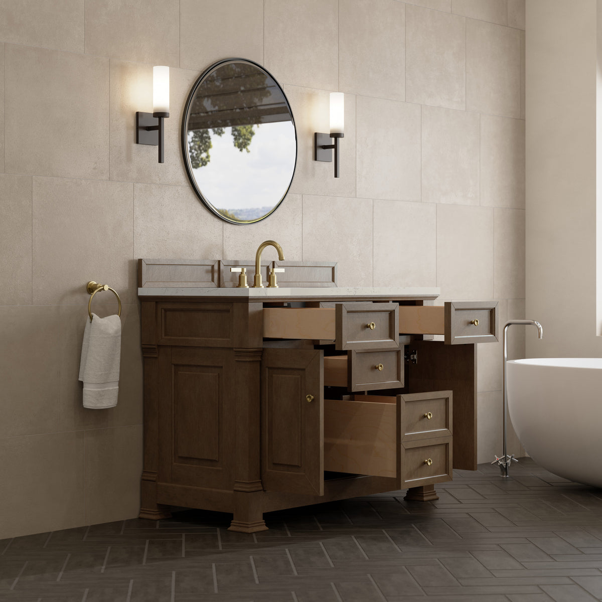 James Martin Vanities Brookfield 48" Pecan Single Vanity With 3 CM Siberian Silestone Top and FreePower Wireless Charger