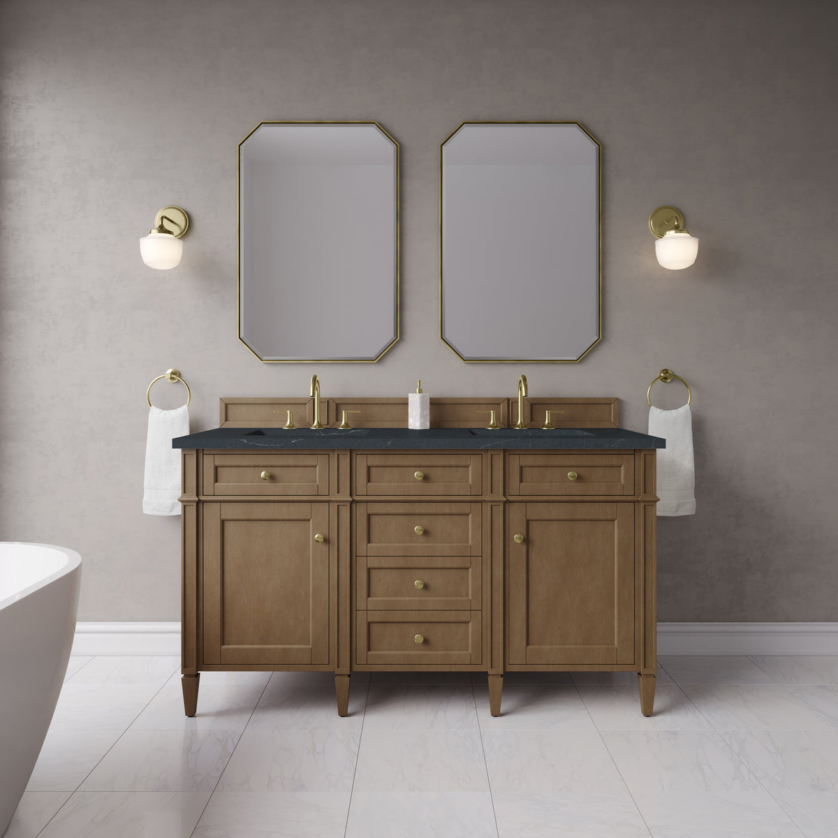 James Martin Vanities Brittany 60" Pecan Double Vanity With 3 CM Charcoal Soapstone Silestone Top
