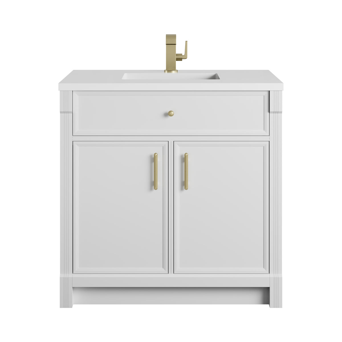 James Martin Vanities Bellshire 36" Bright White Single Vanity With Single Hole 3 CM White Zeus Silestone Top and Matching Backsplash