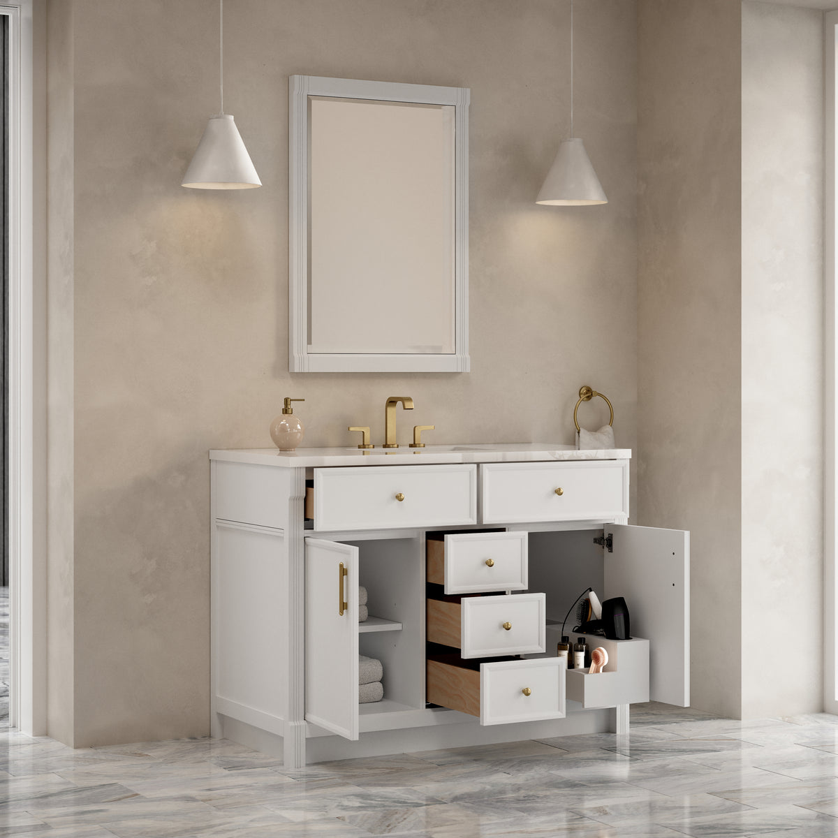 James Martin Vanities Bellshire 48" Bright White Single Vanity With 3 CM White Zeus Silestone Top