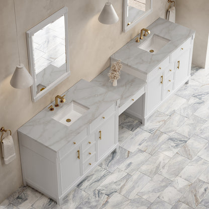James Martin Vanities Bellshire 120" Bright White Dual Vanity Set With 3 cm Victorian Silver Silestone Top, FreePower Wireless Charger and 24" Make-Up Counter