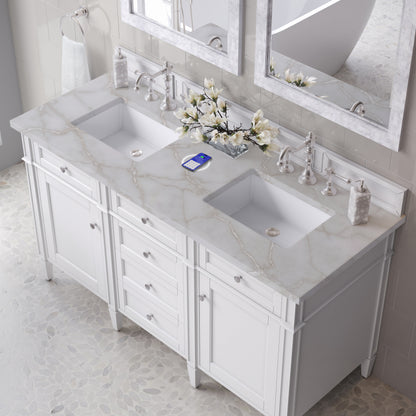 James Martin Vanities Brittany 60" Bright White Vanity Double Vanity With 3 CM Victorian Silver Silestone Top and FreePower Wireless Charger