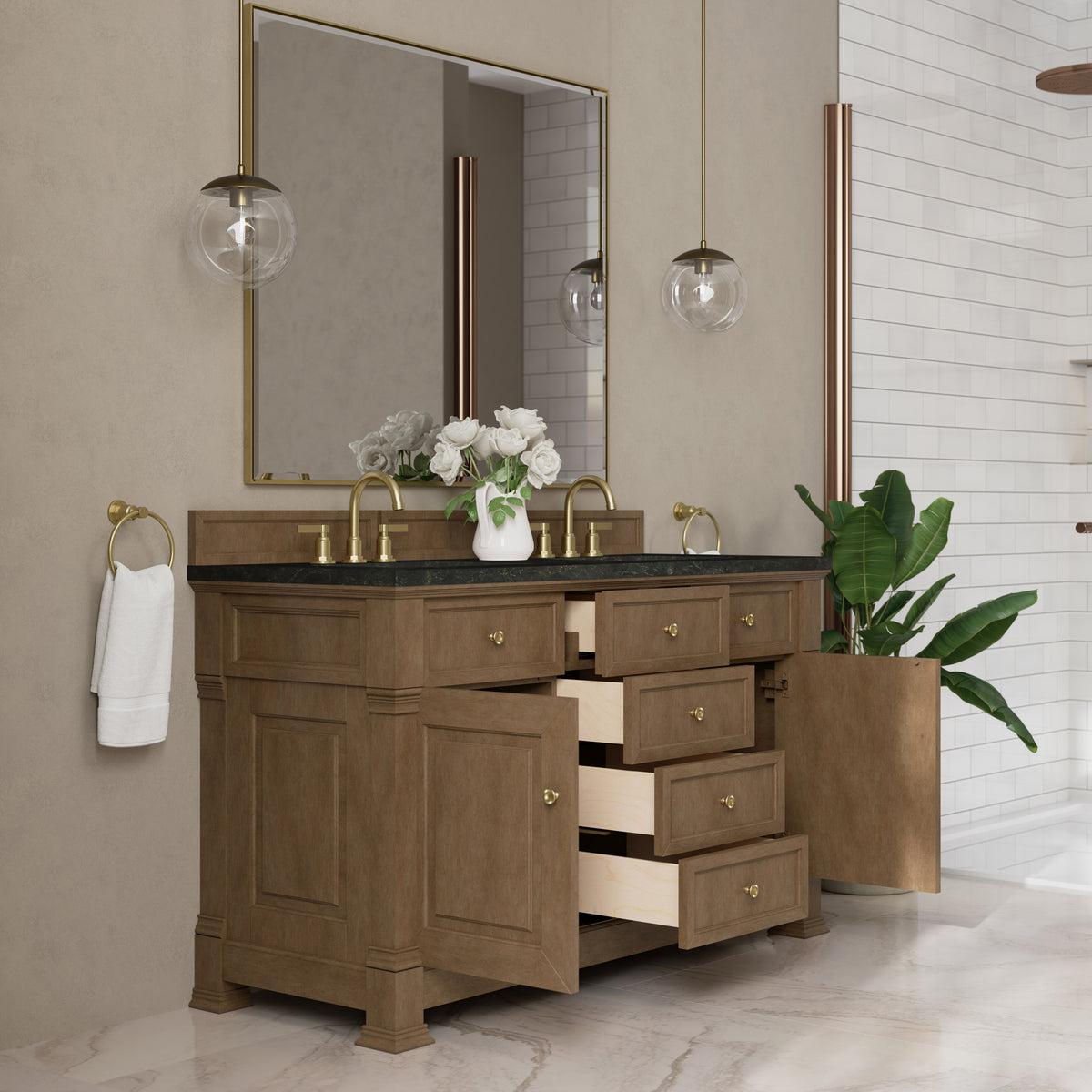 James Martin Vanities Brookfield 60" Pecan Double Vanity With 3 CM Phantome Eclos Top