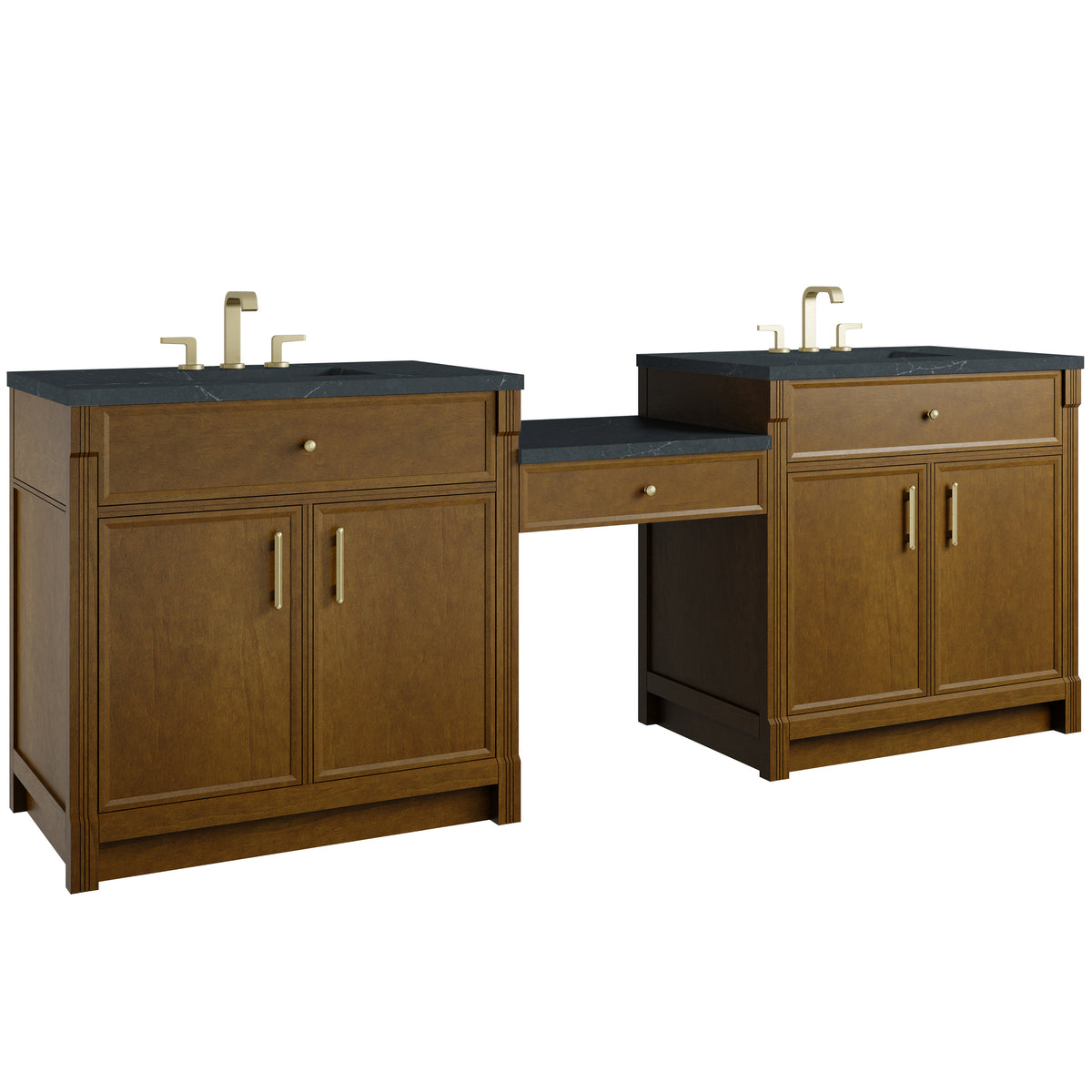 James Martin Vanities Bellshire 96" Honey Oak Dual Vanity Set With 3 cm Charcoal Soapstone Silestone Top and 24" Make-Up Counter