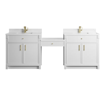 James Martin Vanities Bellshire 96" Bright White Dual Vanity Set With Single Hole 3 cm White Zeus Silestone Top, Backsplash and 24" Make-Up Counter