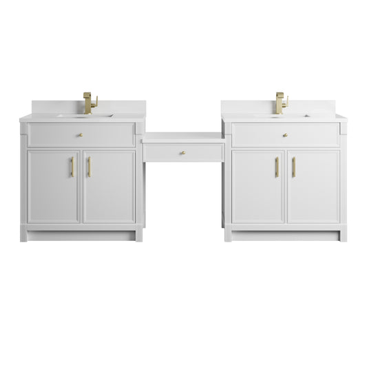 James Martin Vanities Bellshire 96" Bright White Dual Vanity Set With Single Hole 3 cm White Zeus Silestone Top, Backsplash and 24" Make-Up Counter