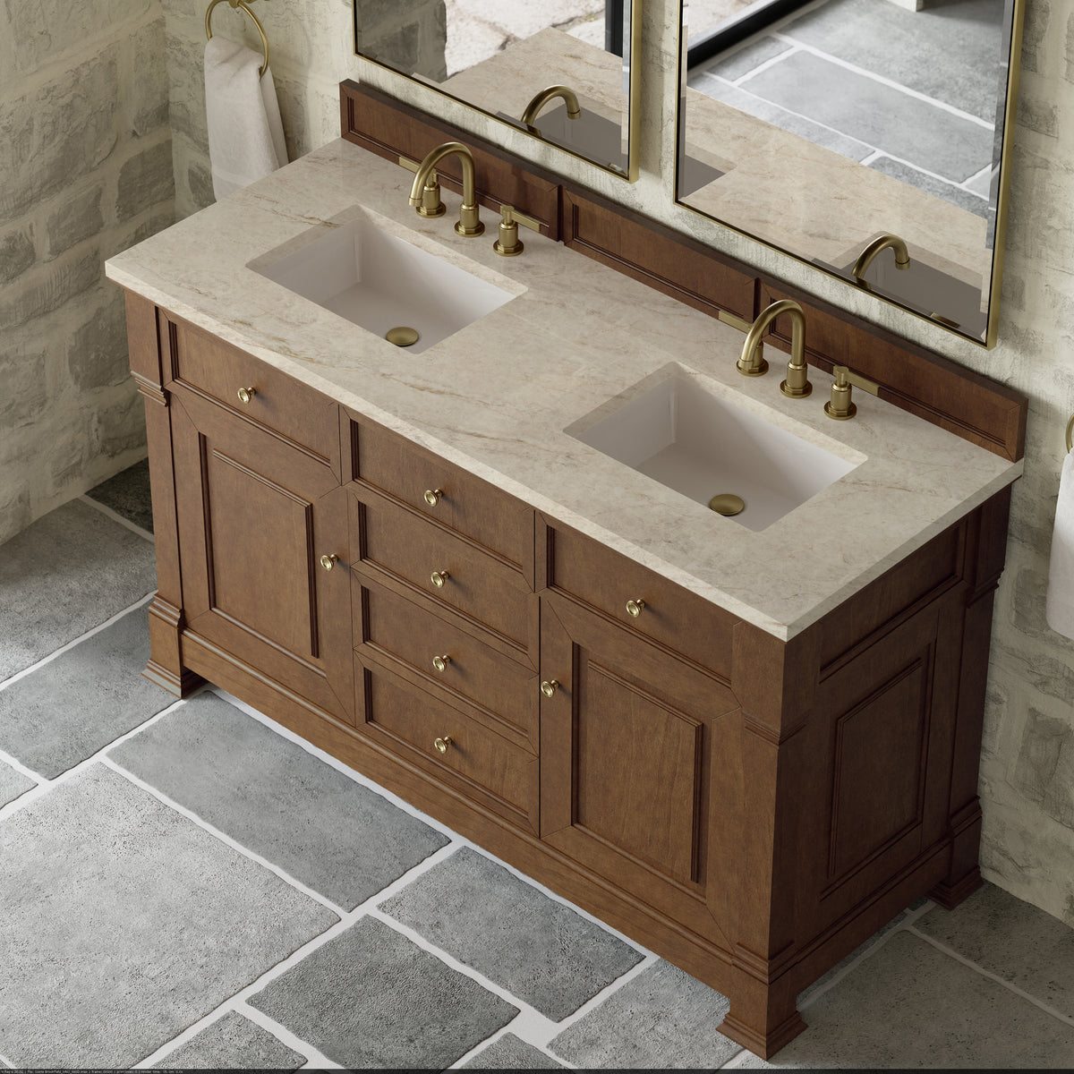 James Martin Vanities Brookfield 60" Honey Oak Double Vanity With 3 CM Tajnar Eclos Top
