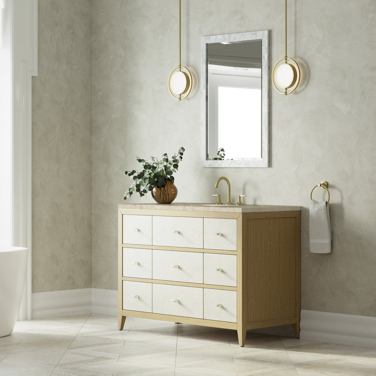 James Martin Vanities Celeste 48" Sunwashed Oak with Embossed Shagreen Single Vanity With 3 CM Tajnar Eclos Top