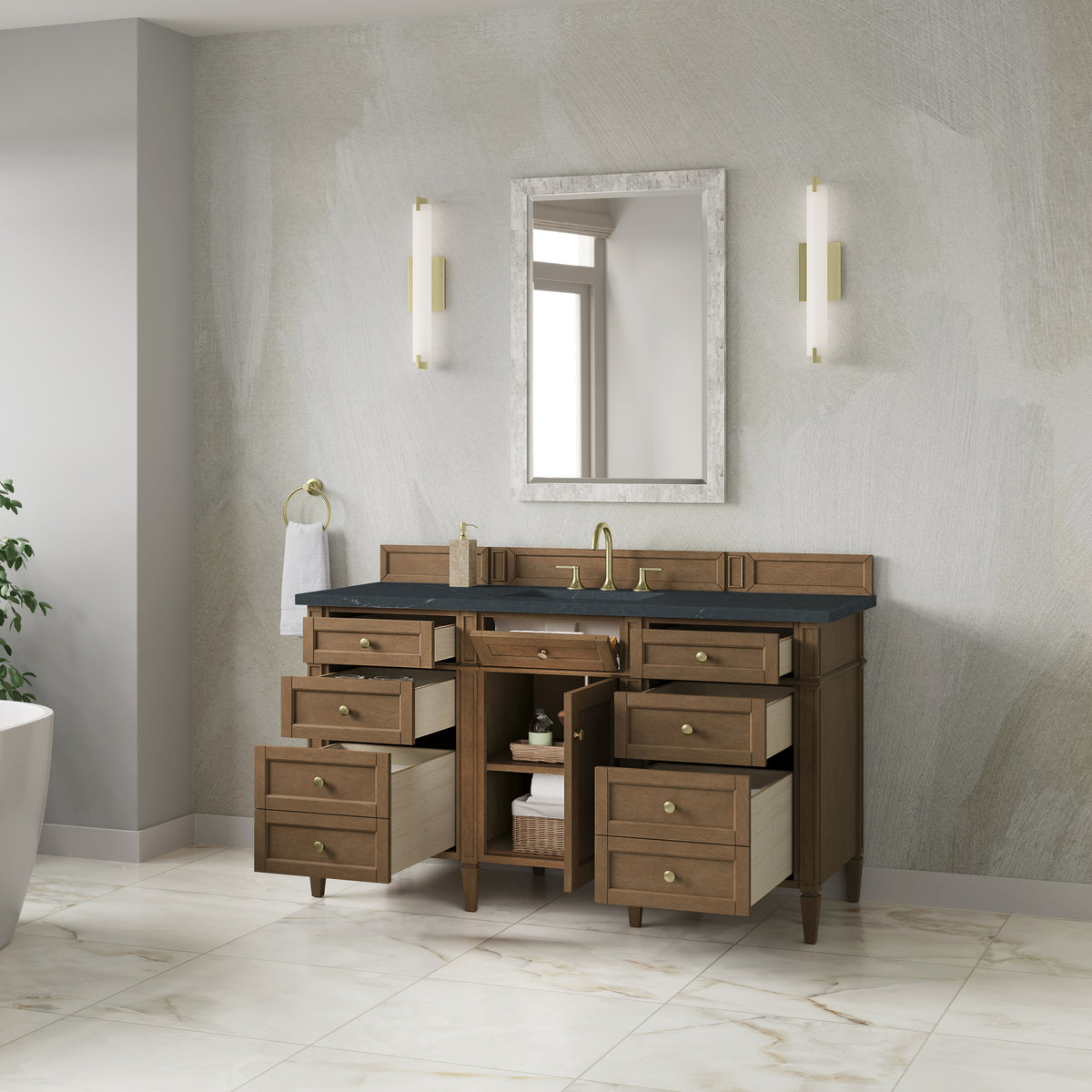 James Martin Vanities Brittany 60" Pecan Single Vanity With 3 CM Charcoal Soapstone Silestone Top