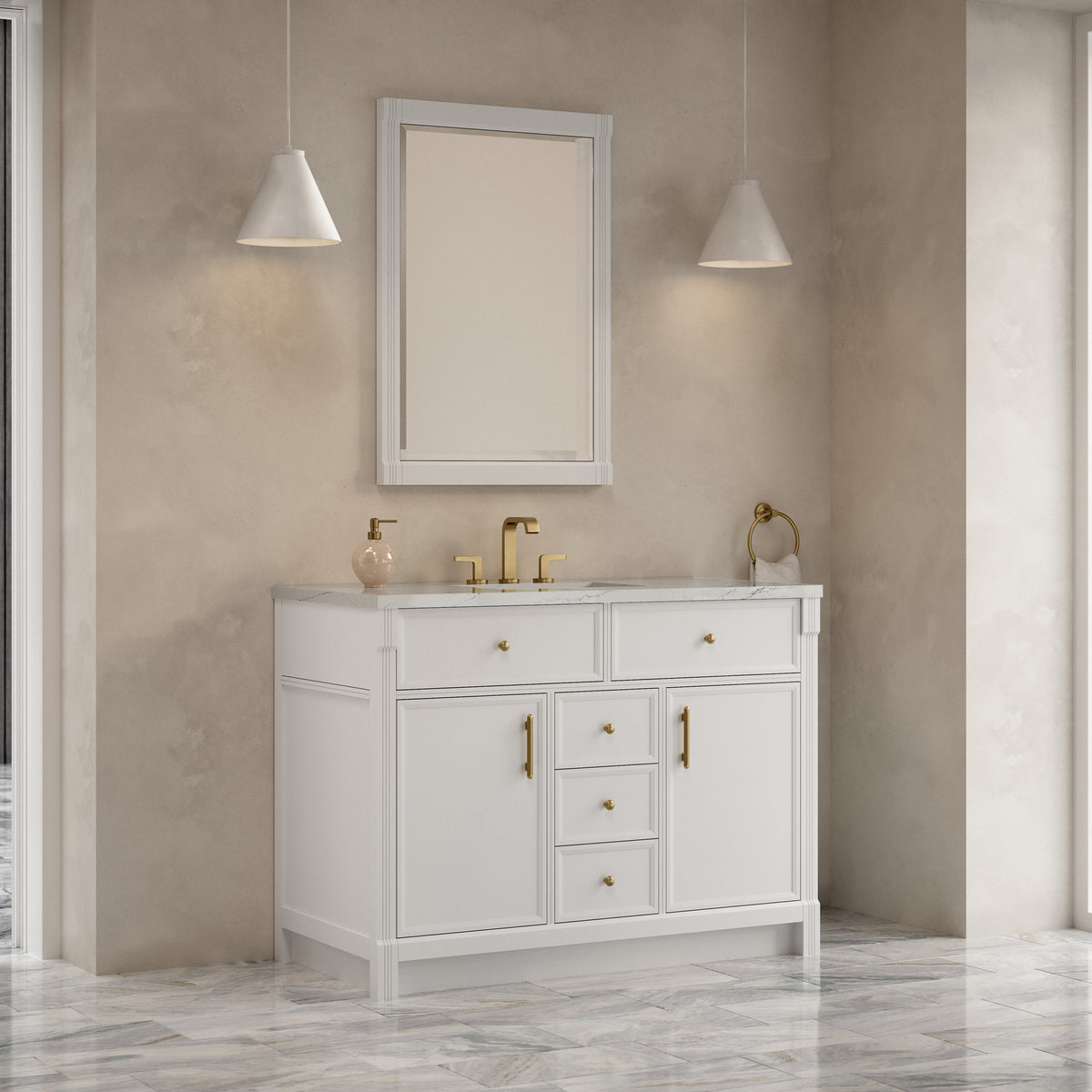 James Martin Vanities Bellshire 48" Bright White Single Vanity With 3 CM Ethereal Noctis Silestone Top and FreePower Wireless Charger