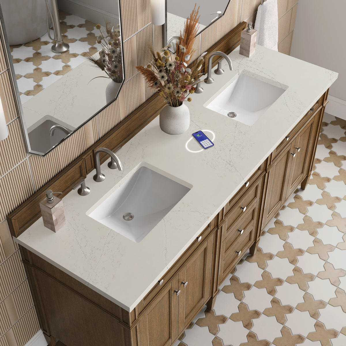 James Martin Vanities Brittany 72" Saddle Brown Double Vanity With 3 CM Siberian Silestone Top and FreePower Wireless Charger