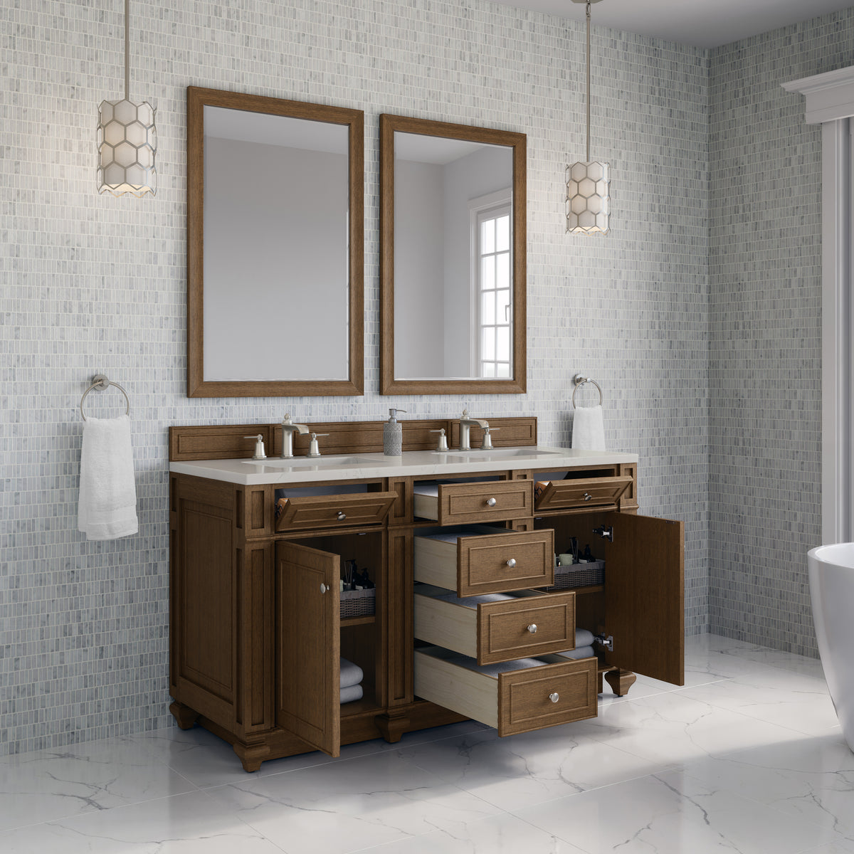 James Martin Vanities Bristol 60" Saddle Brown Double Vanity With 3 CM Siberian Silestone Top