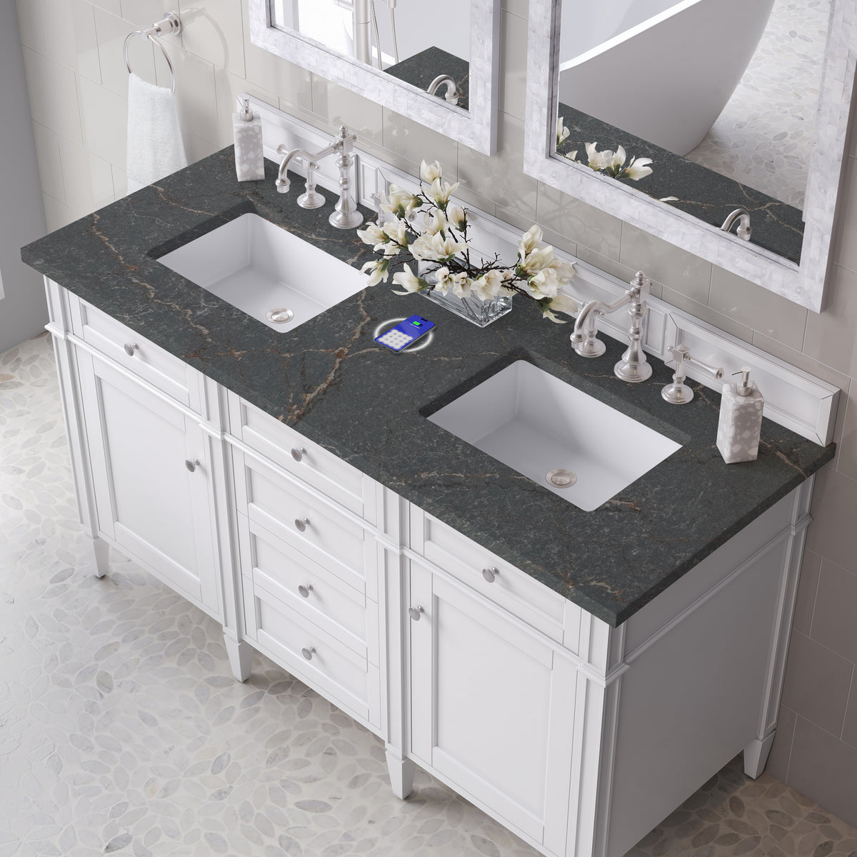 James Martin Vanities Brittany 60" Bright White Vanity Double Vanity With 3 CM Parisien Bleu Silestone Top and FreePower Wireless Charger