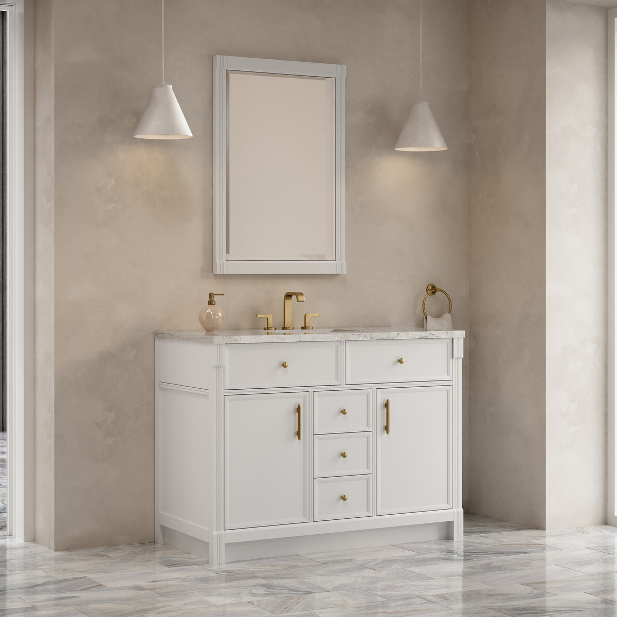 James Martin Vanities Bellshire 48" Bright White Single Vanity With 3 CM Eternal Jasmine Pearl Silestone Top