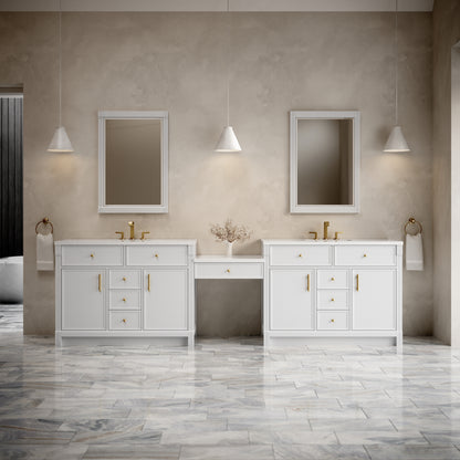 James Martin Vanities Bellshire 120" Bright White Dual Vanity Set With 3 cm White Zeus Silestone Top and 24" Make-Up Counter