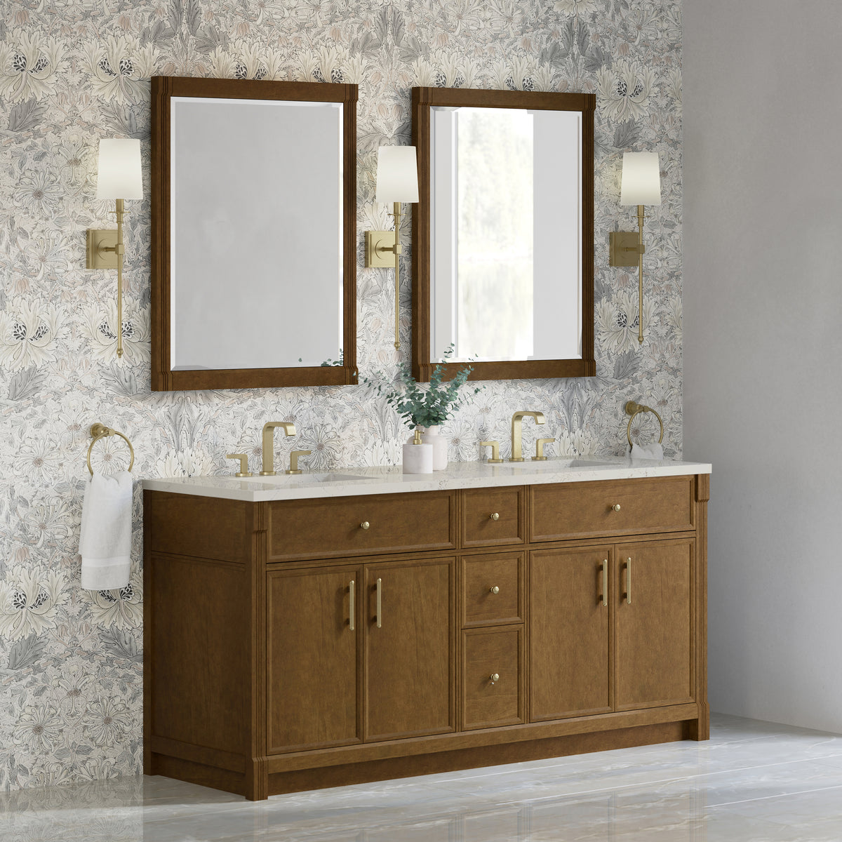 James Martin Vanities Bellshire 72" Honey Oak Double Vanity With 3 CM Siberian Silestone Top and FreePower Wireless Charger