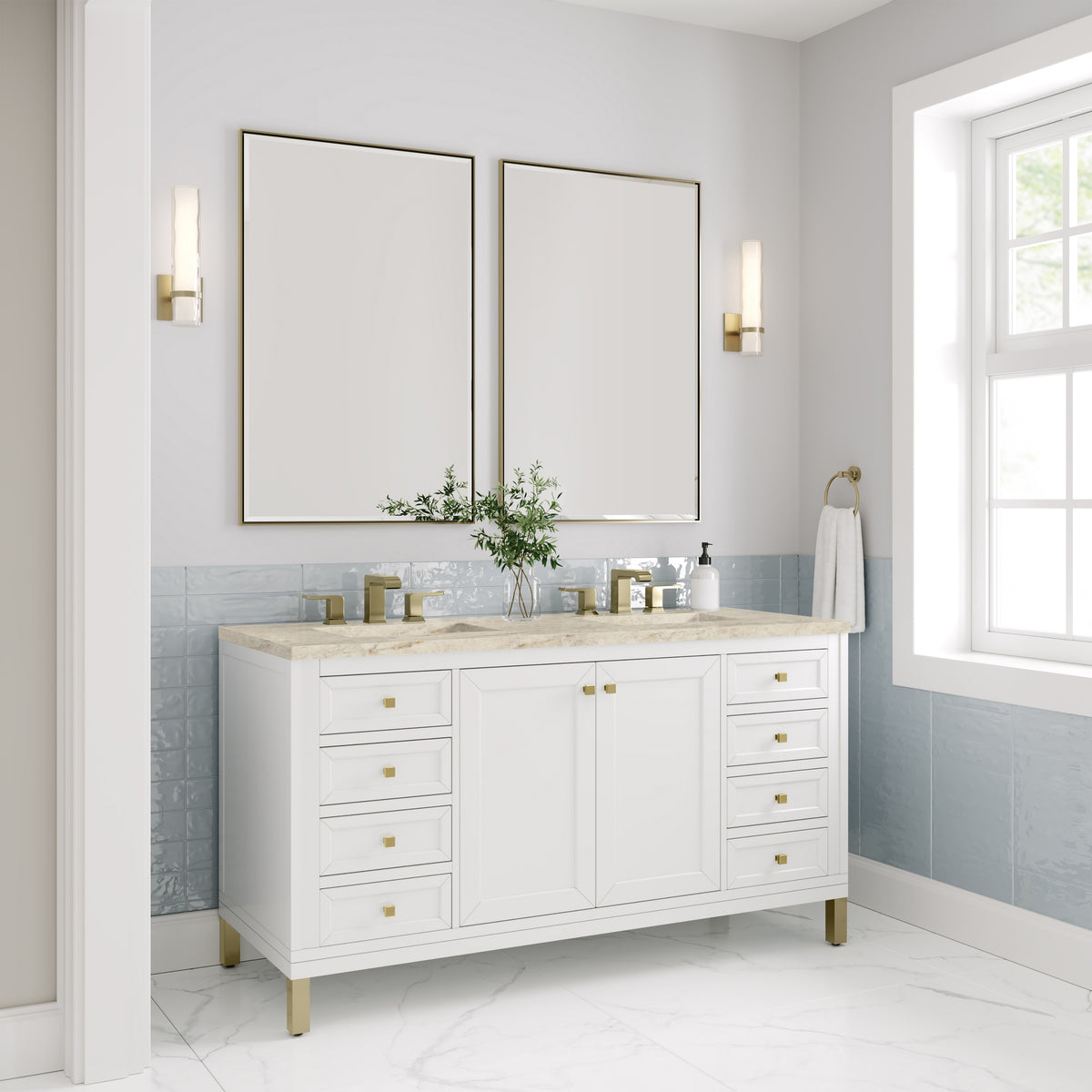 James Martin Vanities Chicago 60" Glossy White Double Vanity With 3 CM Tajnar Eclos Top