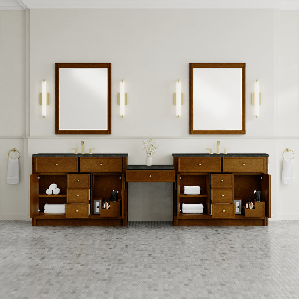 James Martin Vanities Bellshire 120" Honey Oak Dual Vanity Set With 3 cm Phantome Eclos Top and 24" Make-Up Counter