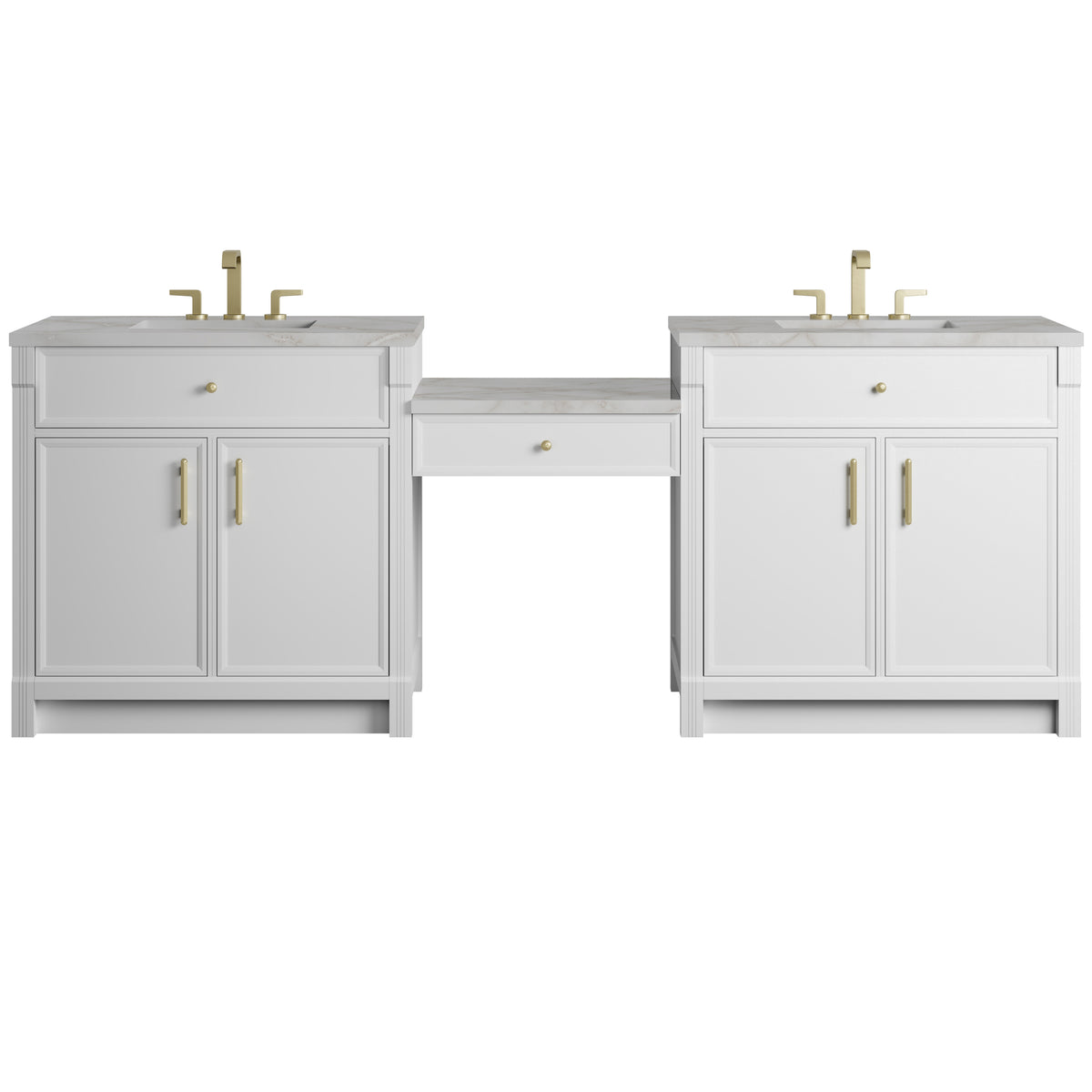 James Martin Vanities Bellshire 96" Bright White Dual Vanity Set With 3 cm Victorian Silver Silestone Top and 24" Make-Up Counter