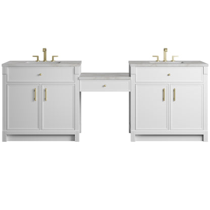 James Martin Vanities Bellshire 96" Bright White Dual Vanity Set With 3 cm Victorian Silver Silestone Top and 24" Make-Up Counter