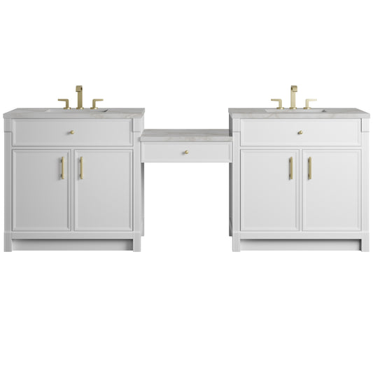 James Martin Vanities Bellshire 96" Bright White Dual Vanity Set With 3 cm Victorian Silver Silestone Top and 24" Make-Up Counter