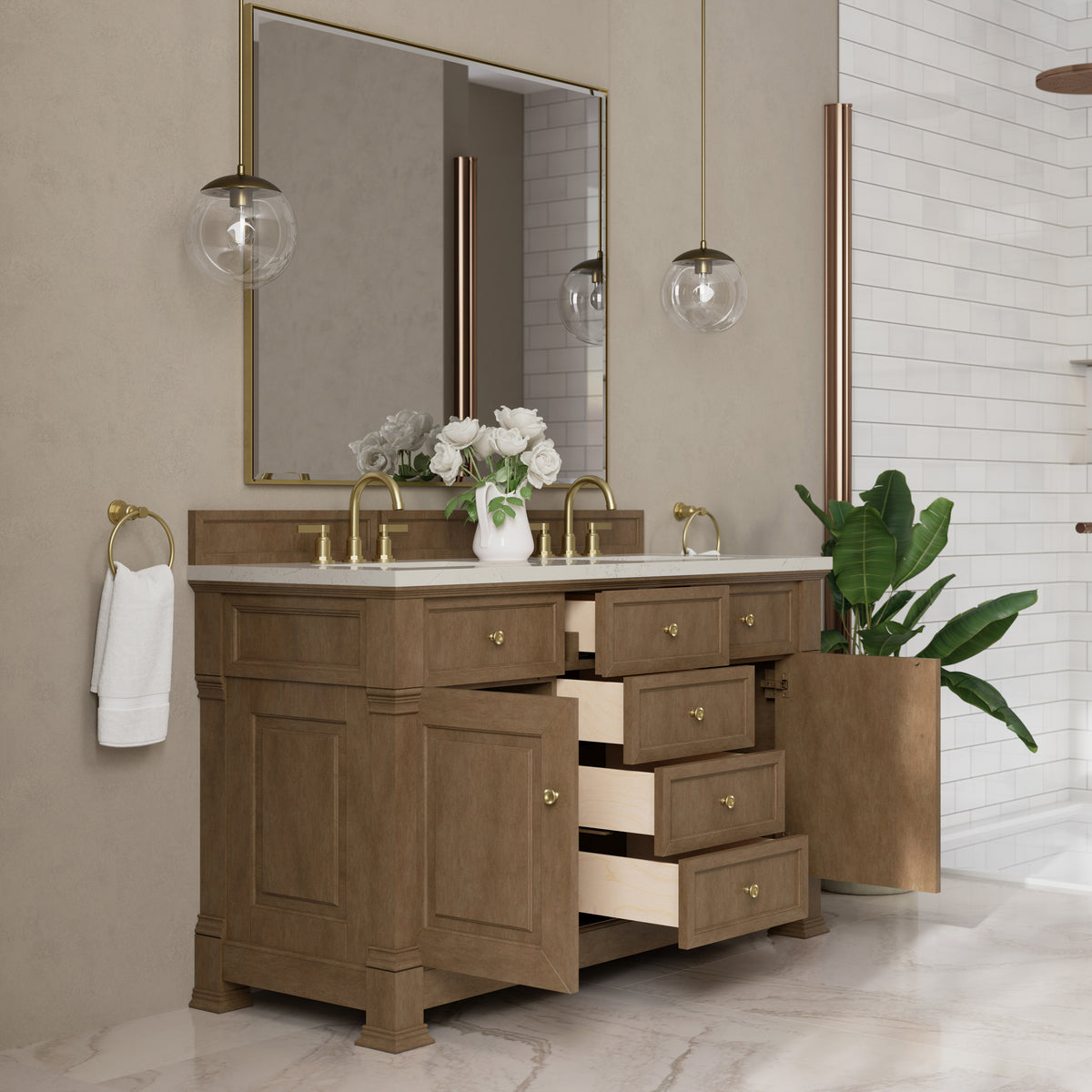 James Martin Vanities Brookfield 60" Pecan Double Vanity With 3 CM Siberian Silestone Top