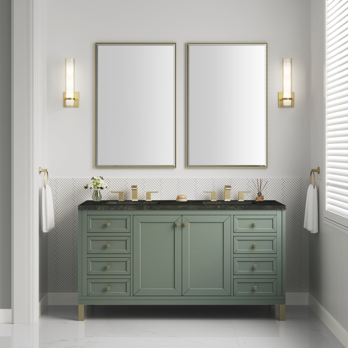James Martin Vanities Chicago 60" Smokey Celadon Double Vanity With 3 CM Phantome Eclos Top