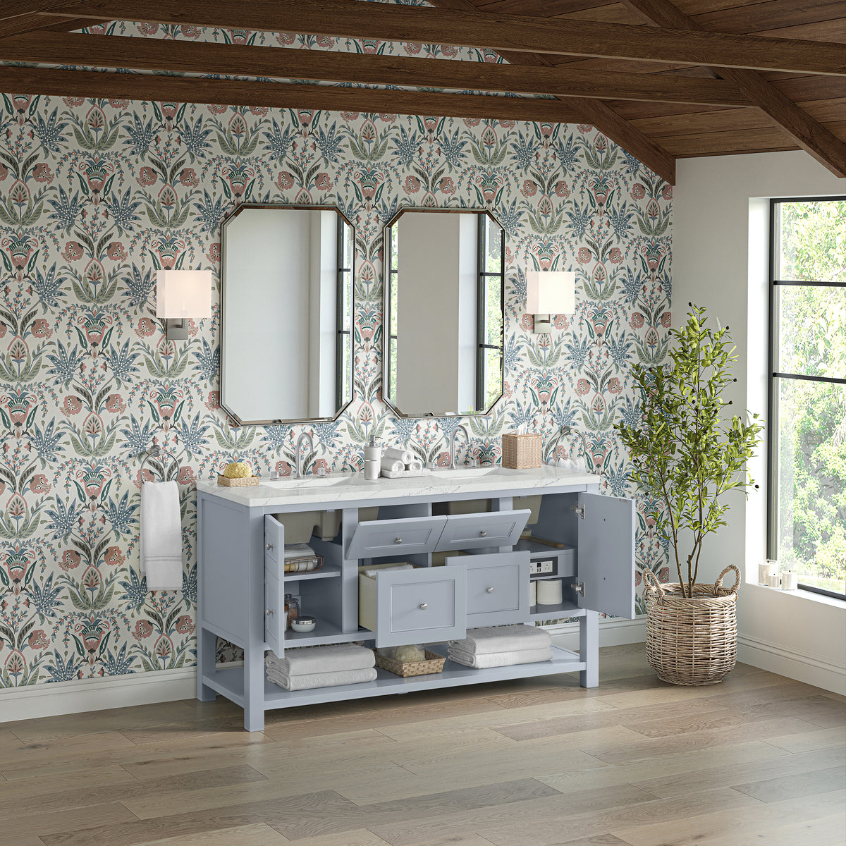 James Martin Vanities Breckenridge 60" Serenity Blue Double Vanity With 3cm Ethereal Noctis Quartz Top and FreePower Wireless Charger
