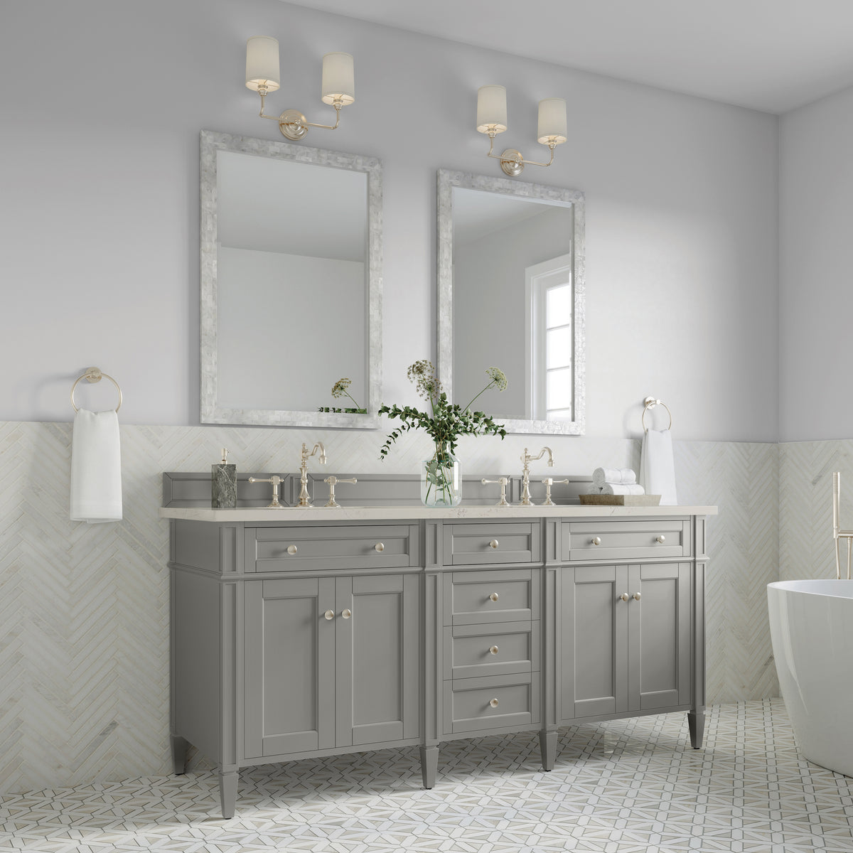 James Martin Vanities Brittany 72" Urban Gray Double Vanity With 3 CM Siberian Silestone Top and FreePower Wireless Charger