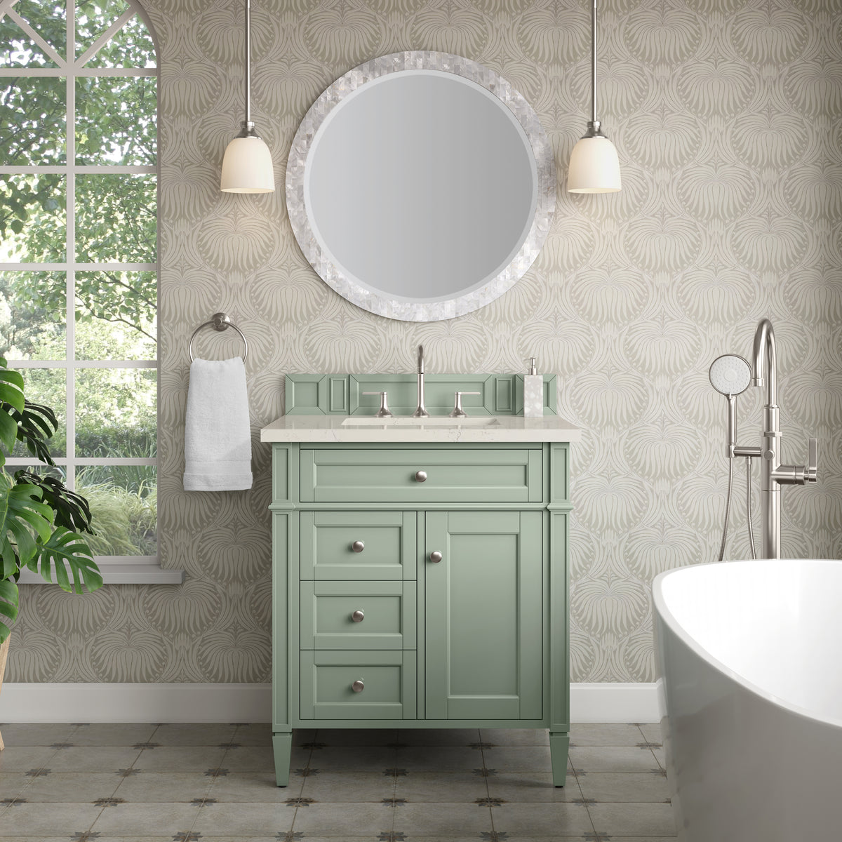 James Martin Vanities Brittany 30" Sage Green Single Vanity With 3 CM Siberian Silestone Top