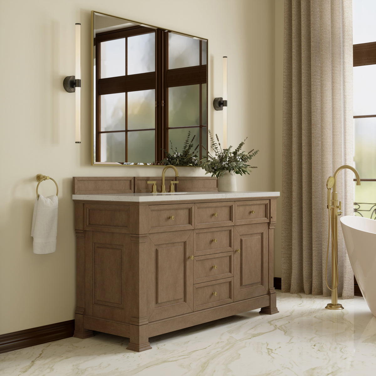 James Martin Vanities Brookfield 60" Pecan Single Vanity With 3 CM Siberian Silestone Top and FreePower Wireless Charger